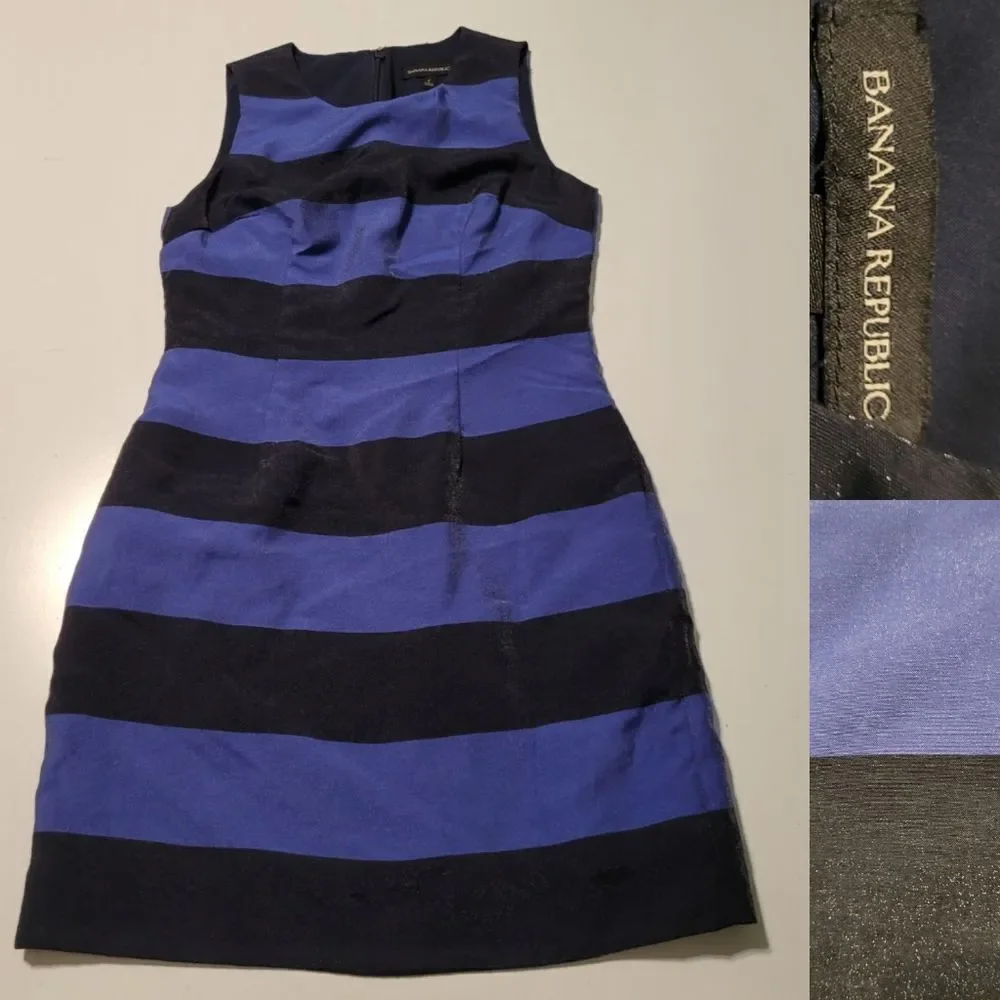 POCKETS SHIMMER BANANA REPUBLIC BLUE BLACK STRIPES CAREER SHEATH DRESS 2 SMALL - Picture 1 of 10